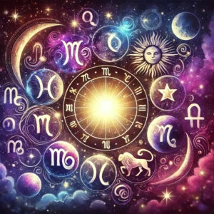 A mystical and artistic depiction of the zodiac signs, with a glowing celestial background featuring planets, stars, and a glowing moon. Include symbo