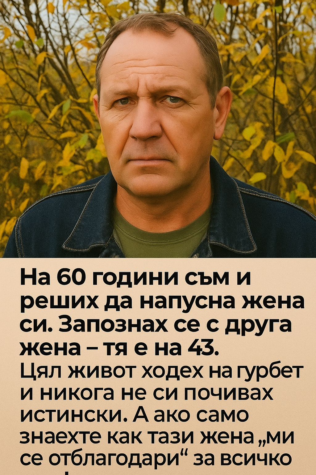 На 60 години съм и реших да се разделя с жена си. Срещнах друга жена — тя е на 43. Знам, че децата ми вероятно ще ме осъдят и може дори да спрат да ми говорят.... 3 20251020 1431 reshenie na 60