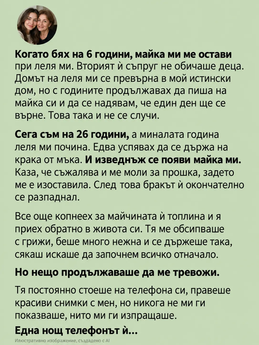 Когато бях на 6 години, майка ми ме остави при леля ми. Вторият ѝ съпруг не обичаше деца. Домът на леля ми се превърна в мой истински дом, но с годините продължавах да пиша на майка си и да се надявам, че един ден ще се върне. Това така и не се случи... 3 538947bd be47 4201 9173 acf8c25f
